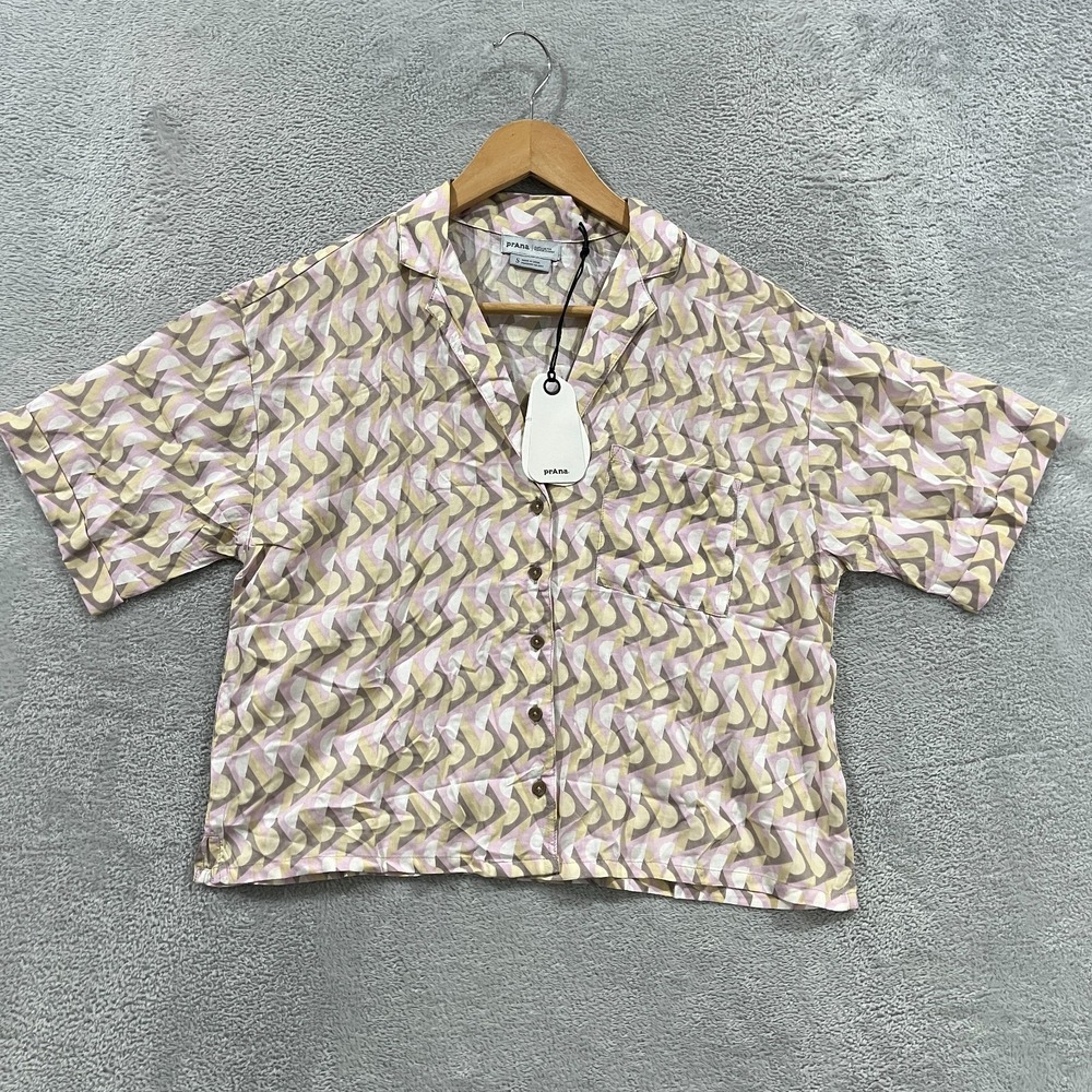 prAna Iguala Top Womens S Multi Willow Retro‎ Geo Short Sleeve Button Up 1970891